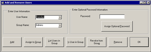 This form enables administrative users to maintain users, groups, and passwords.