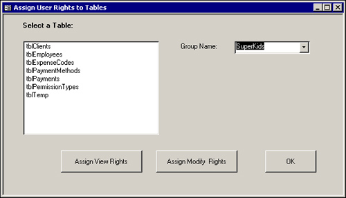 This form enables administrative users to assign rights to tables.