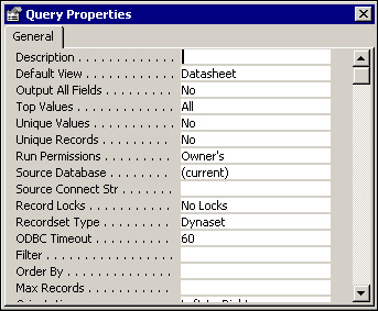 The Design view of a query with Run Permissions set to Owner's.