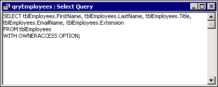 The SQL view of a query with Run Permissions set to Owner's.