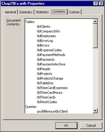 The Contents tab of the Database Properties window.