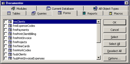 You can use the Database Documenter dialog box to designate which objects you want to document.