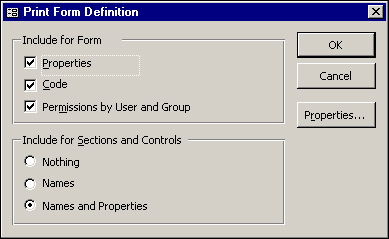 You use the Print Form Definition dialog box to designate which aspects of a form’s definition are documented.