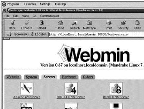 Webmin server screen
