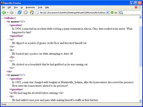 The tallltales. xml document is displayed as XML code because the style sheet hasn’t been attached to it.