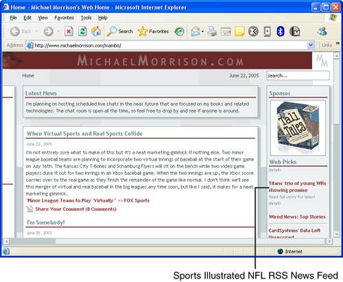 The example syndicated NFL news feed is visible on my web site.