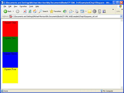 The Squares example document is displayed in Internet Explorer using a style sheet with relative positioning.