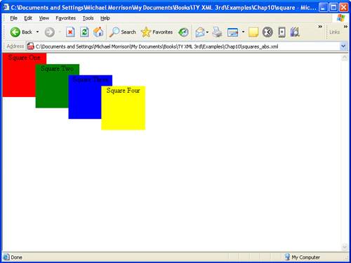 The Squares example document is displayed in Internet Explorer using a style sheet with absolute positioning.