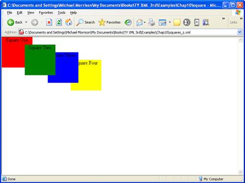 The Squares example document is displayed in Internet Explorer using a style sheet that alters the z-order of the squares.