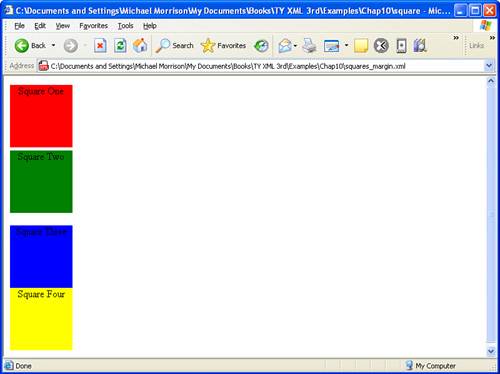 The Squares example document is displayed in Internet Explorer using a style sheet that sets top and bottom margins for one of the squares.