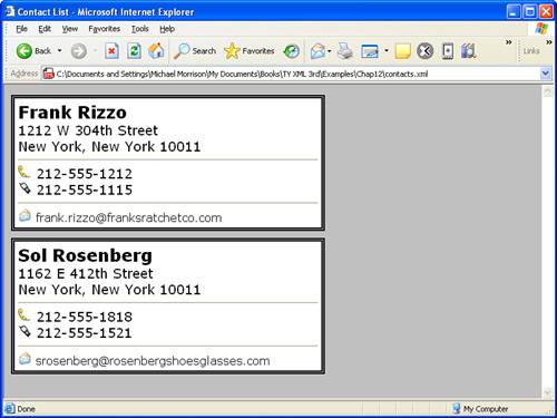 The Contacts example document is displayed in Internet Explorer using the contacts.xsl style sheet.