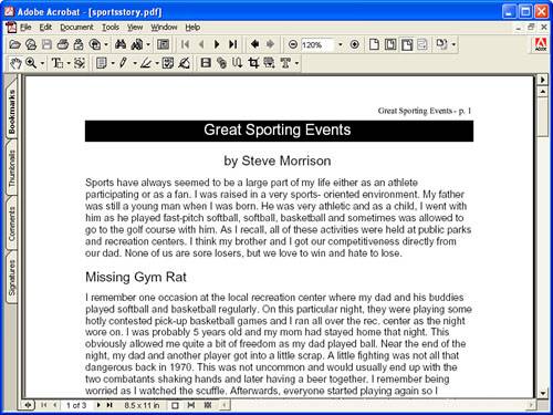 The Great Sporting Events PDF document as viewed in Adobe Acrobat Reader.