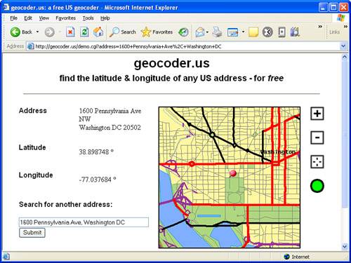 The geocoder.us web site is extremely handy for converting physical addresses to geocoordinates (latitude and longitude).