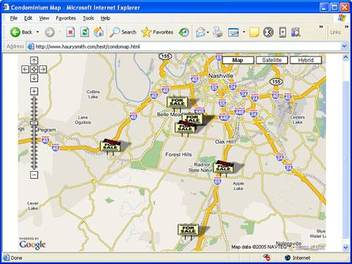 The condominium map sample application starts out with all of the project markers in view.