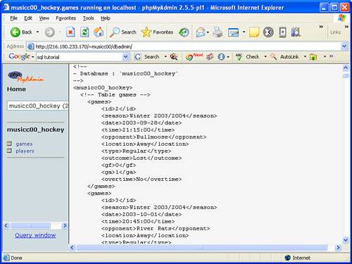 The hockey game schedule PHP document generates an XML file from a SQL database query, and then provides a link to the file.