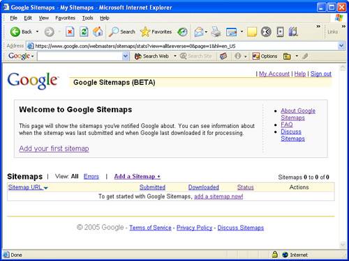 The Google Sitemaps web site initially shows on Sitemaps because you haven’t submitted any yet.