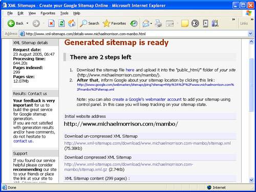 When the XML Sitemap Generator tool finishes, it provides you with links to download the new Sitemap in either uncompressed or compressed form.