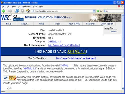 The results of passing the skeletal XHTML document through the W3C Validator.