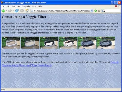 The veggie filter sample HTML document as viewed in Firefox.