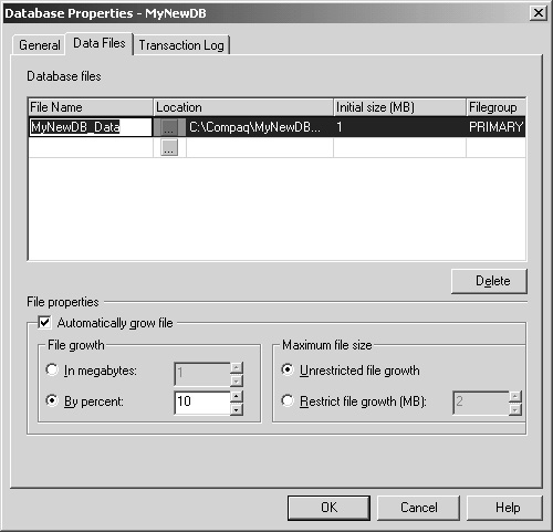 The GUI for setting growth at database creation.