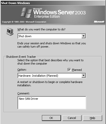 Windows Server 2003 Shut Down Windows dialog box.