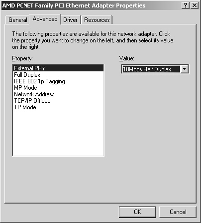 The Advanced tab of the Properties dialog box for a network card.