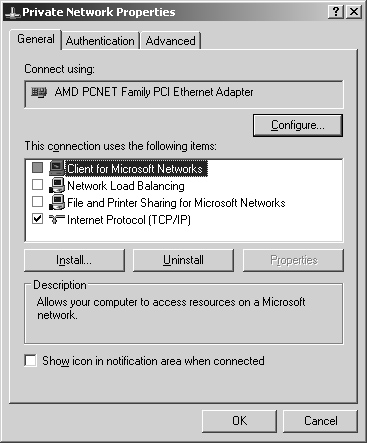 The General tab of the Properties dialog box for a network card.