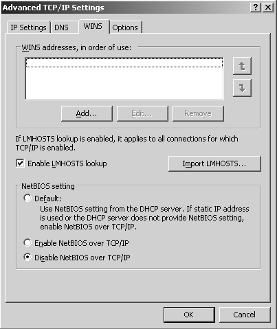 The WINS tab of the Advanced TCP/IP Settings dialog box.
