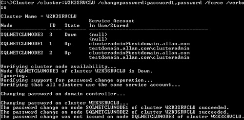 Using Cluster.exe to change the service account password under Windows Server 2003.