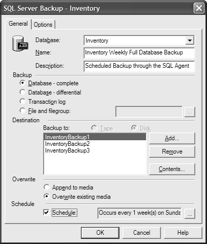 The SQL Server Backup - Inventory dialog box to simplify creating a scheduled backup.
