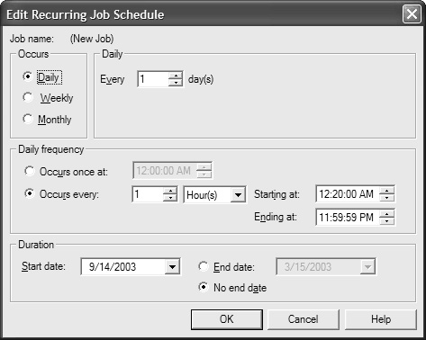 The Edit Recurring Job Schedule dialog box to provide numerous scheduling possibilities.