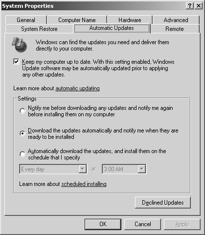 Automatic Updates screen in Windows.