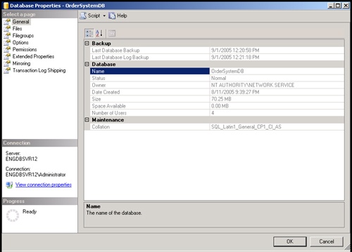 The General page of the Database Properties dialog box