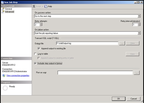 The Advanced page of the New Job Step dialog box