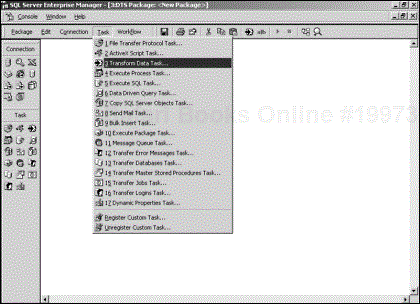 The DTS Designer window, showing tasks in the tool palette. Tasks are also listed in the Task drop-down menu.