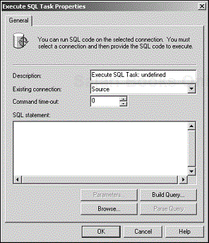 The Execute SQL Task Properties dialog box, showing the new Parameters button.