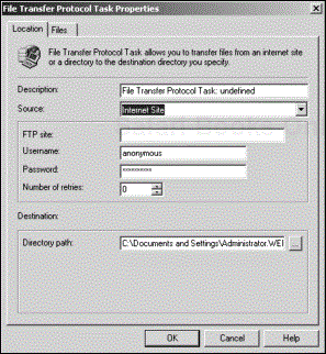 The File Transfer Protocol Task Properties dialog box.
