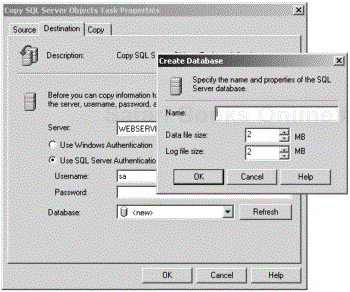The Destination tab and the Create Database dialog box.