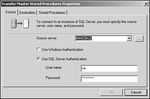 The Transfer Master Stored Procedures Properties dialog box.