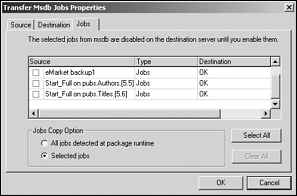 The Transfer Msdb Jobs Properties dialog box.
