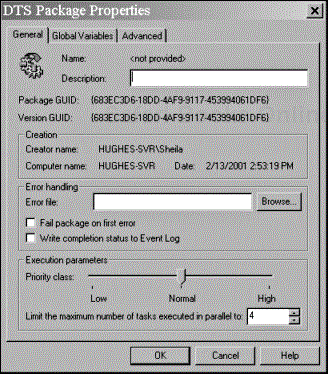 The Package Properties dialog box in SQL Server 7.0.