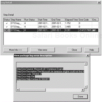 The package log details with error details showing.