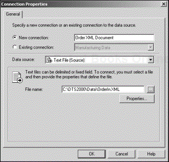 The Text File Source Data connection set to load the XML document saved by the Message Queue Task.