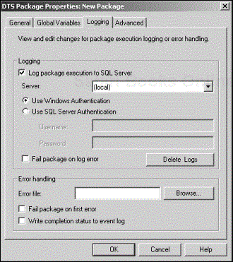 The Logging tab of the DTS Package Properties window.