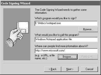 The Code Signing Wizard’s second window