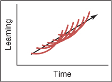 A graph with x-axis labeled Time and y-axis labeled Learning. An upward diagonal arrow has six upward overlapping learning curves on it.