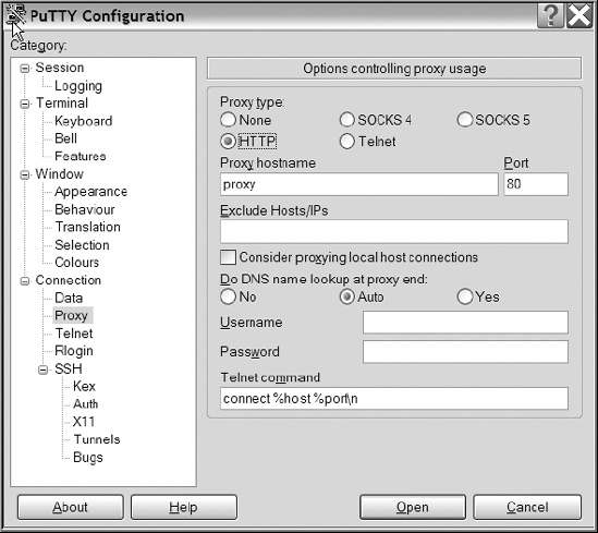 PuTTY—proxy server configuration