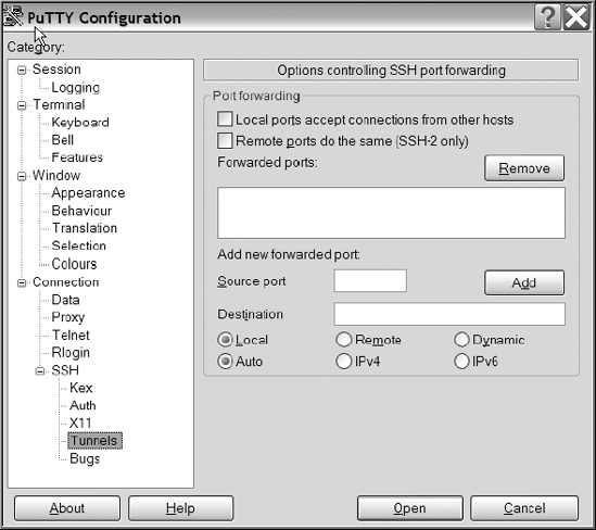 PuTTY—SSH tunneling configuration