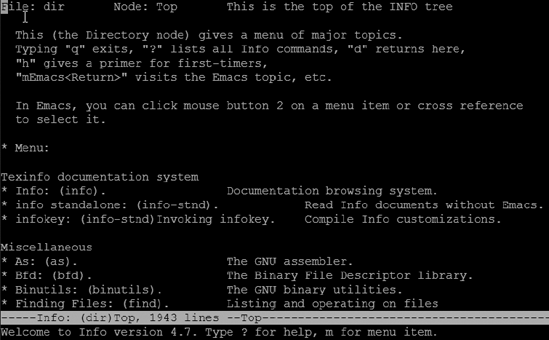 The info command introduction screen