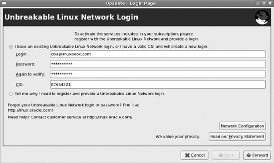 Unbreakable Linux Network Login screen